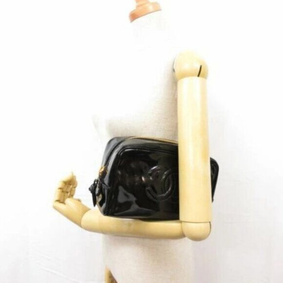 Authentic CHANEL CC Patent Leather Clutch Cosmetic Makeup Case Pouch Black Bag - Picture 4 of 11
